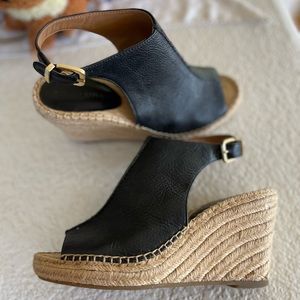 Black leather sling back wedges